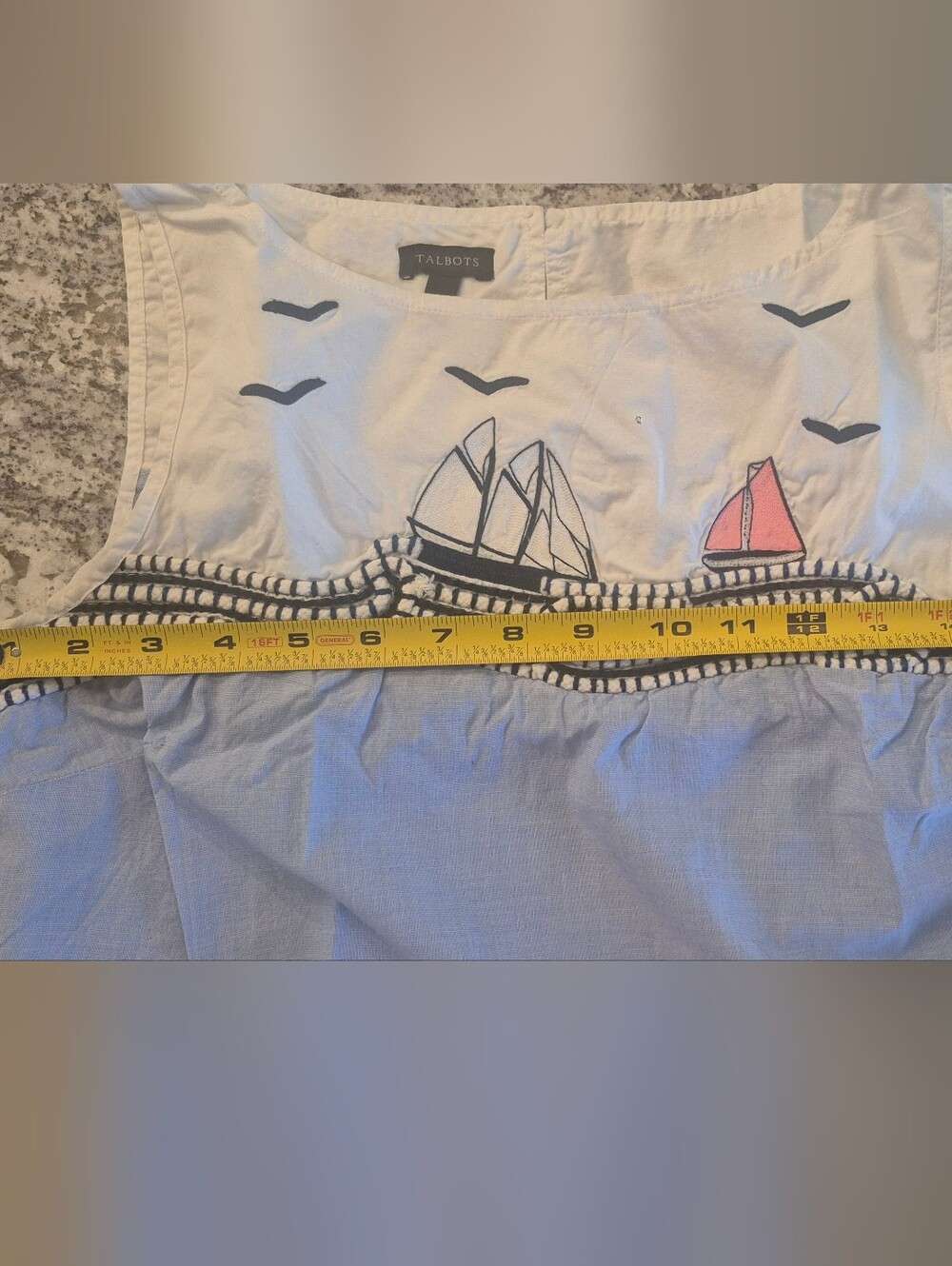 Talbots Nautical Sailboat Embroidered Tank Top XS Blue White Cotton Side Zip - Picture 7 of 7